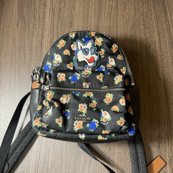 NEW Coach F57636 Tea Rose Floral Print Nylon Mini Charlie Backpack- Black Multi - Picture 1 of 6